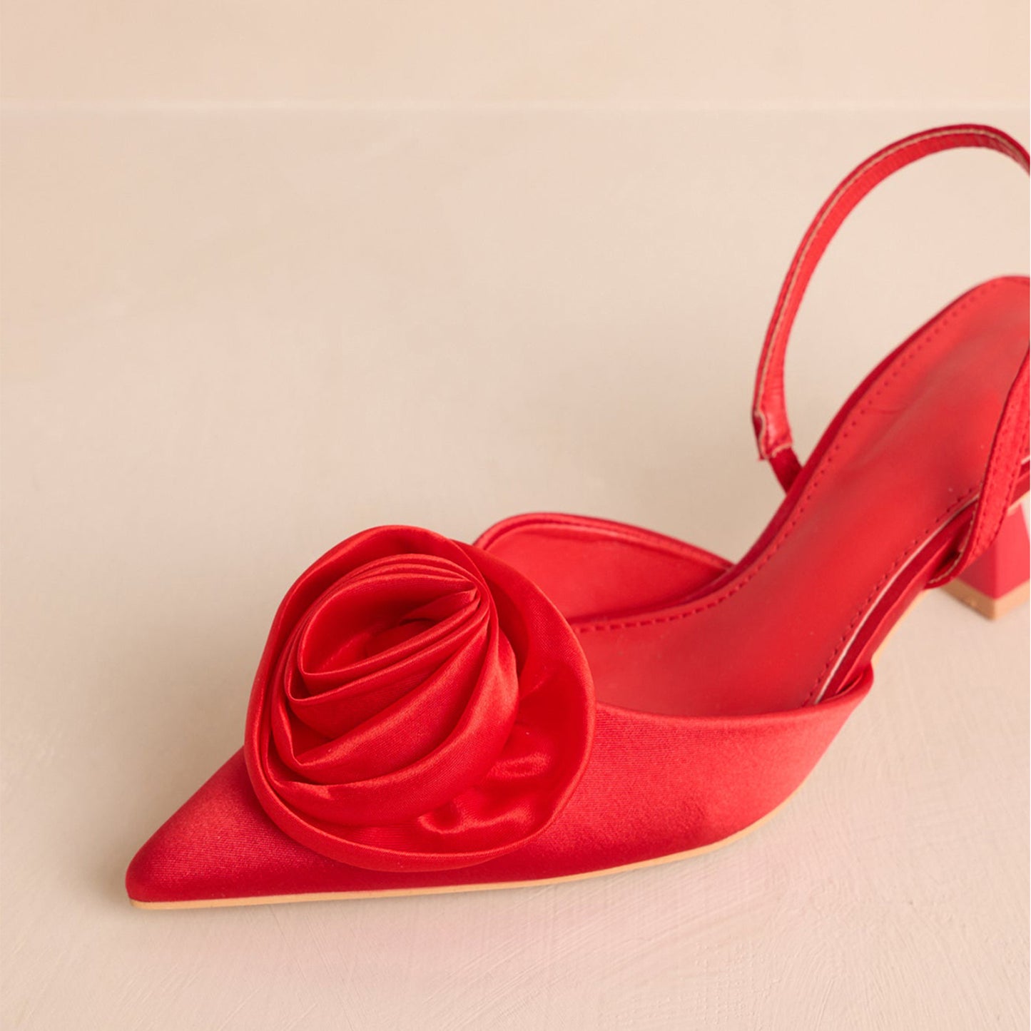 Red Satin Pointed-Toe Front Flower Slingback Kitten Heels