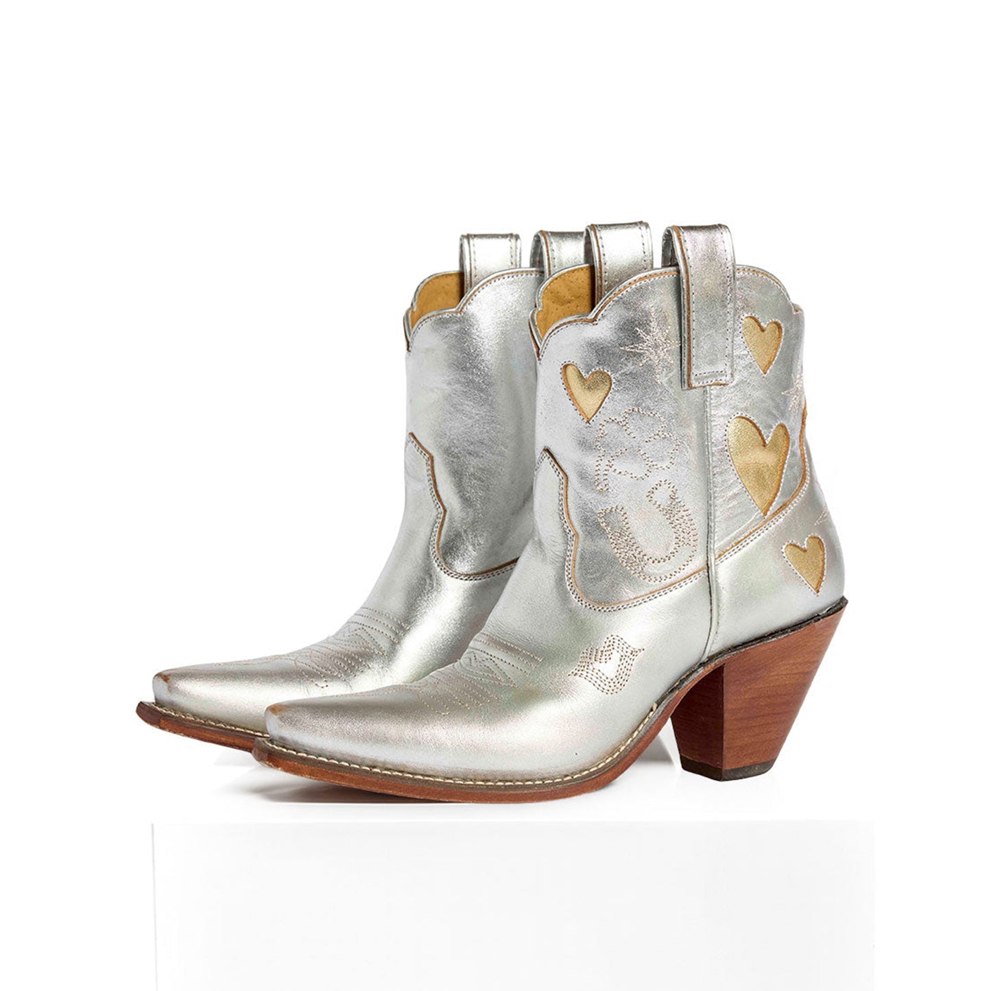 Metallic Silver Snip-Toe Embroidery Metallic Gold Heart Inlay Ankle Cowgirl Boots