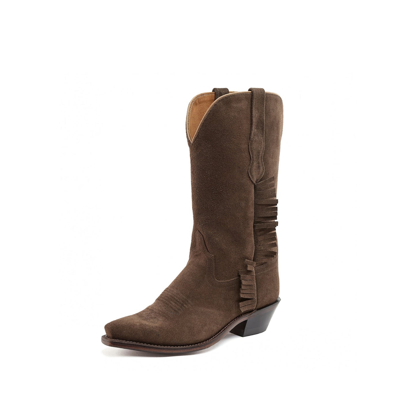 Brown Faux Suede Snip-Toe Short Fringe Mid Calf Cowgirl Boots