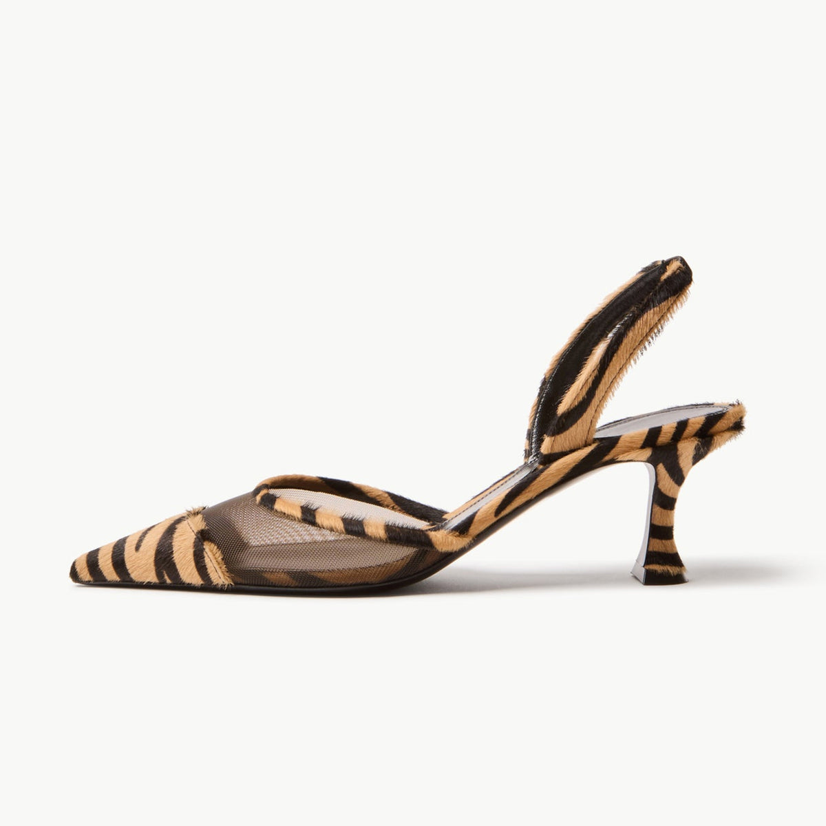 Mesh And Tiger Pattern Pointed-Toe Slingback Slip-On Kitten Heels
