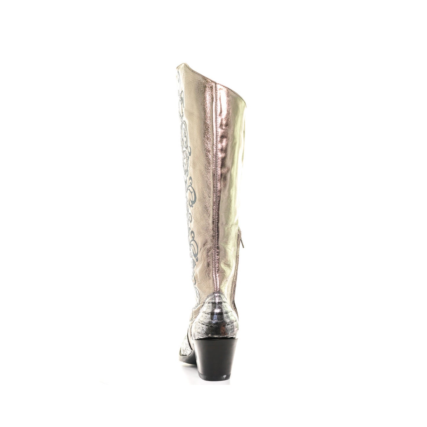 Metallic Silver Contrast Vegan Leather And Crocodile Print Round-Toe Embroidery Half-Zip Knee High Cowgirl Boots