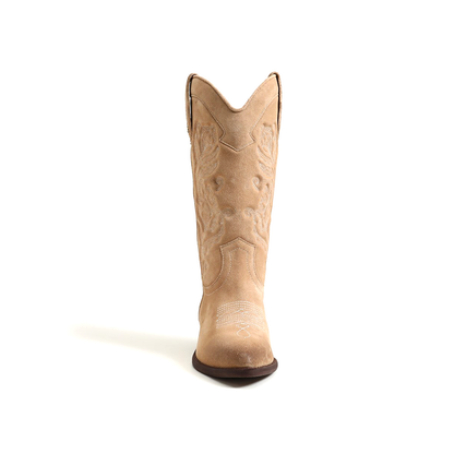 Tan Faux Suede Almond-Toe Flowers Embroidery Mid Calf Cowgirl Boots