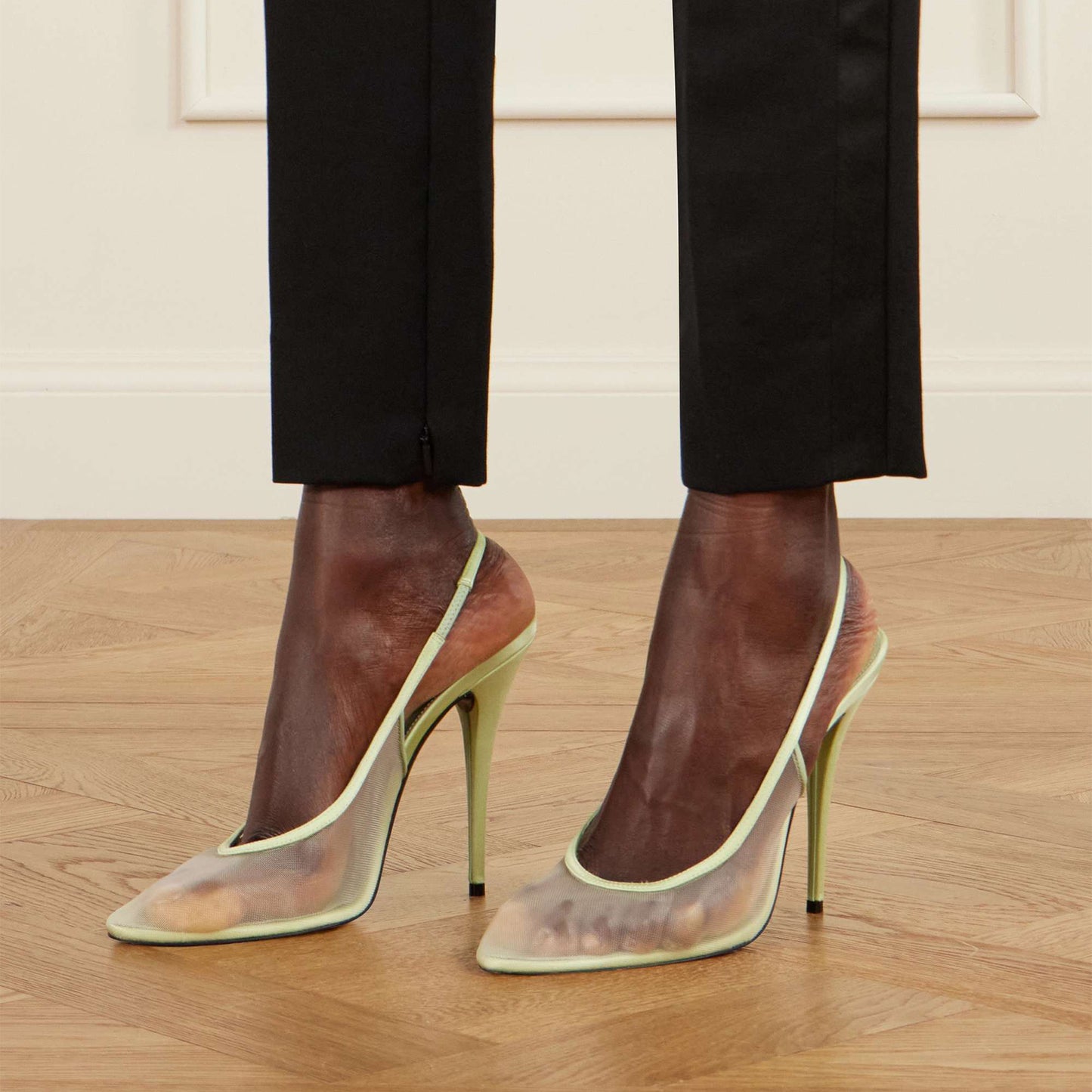 Green Satin-Trimmed Mesh Pointed-Toe Slingback High Heels