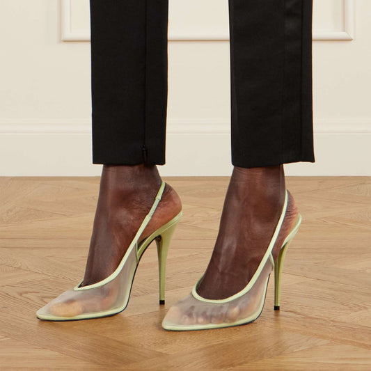 Green Satin-Trimmed Mesh Pointed-Toe Slingback High Heels