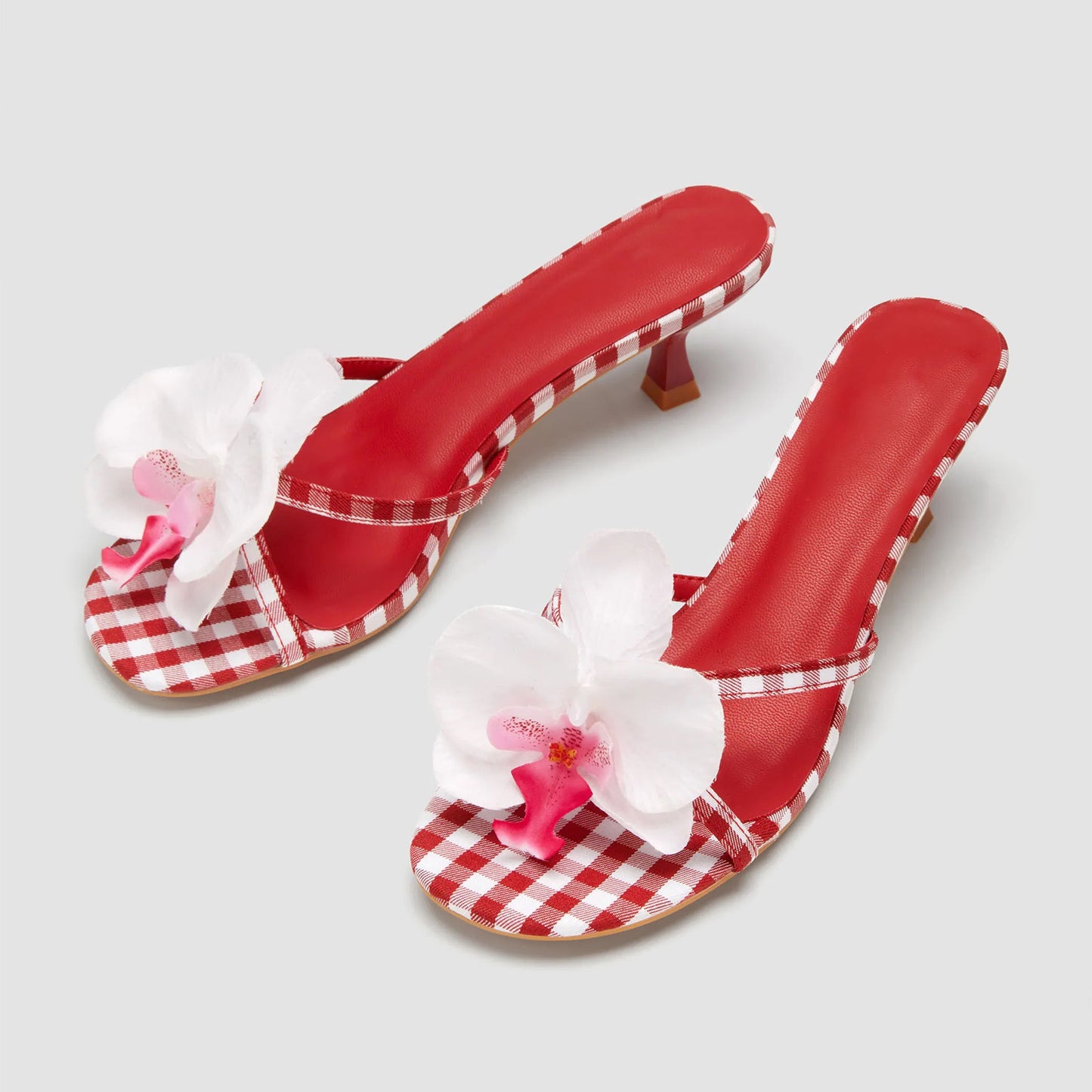 Red Plaid Cloth Square-Toe Front White Flower Backless Kitten Heels