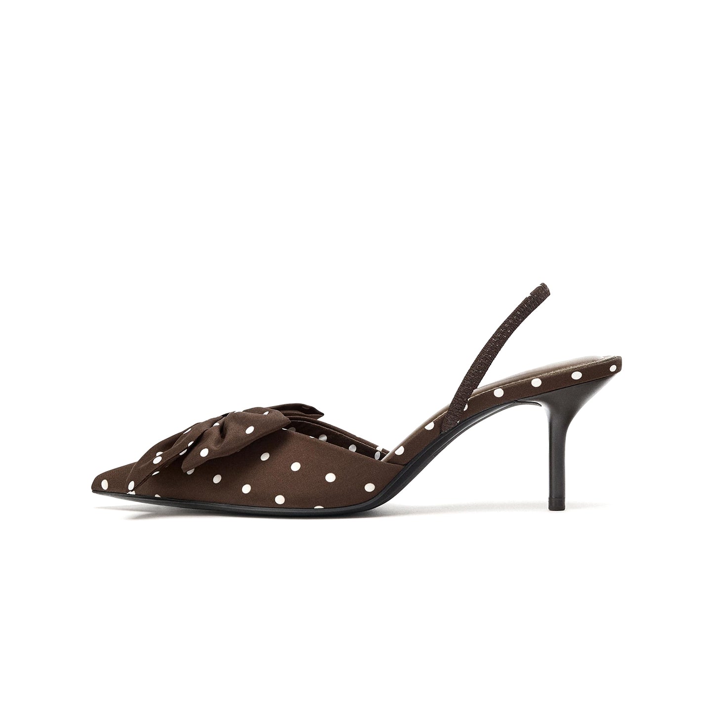 Brown Satin Polka Dot Pointed-Toe Front Big Bow Slingback Kitten Heels
