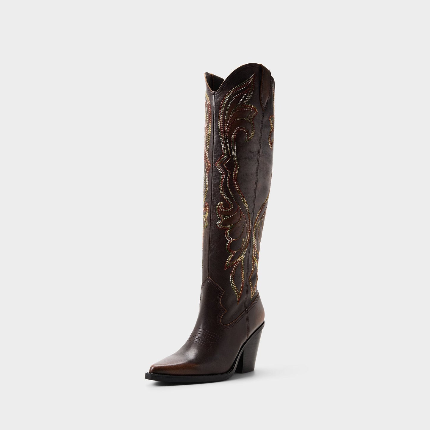 Brown Pointed-Toe Big Wings Embroidery Wide Calf Knee High Cowgirl Boots