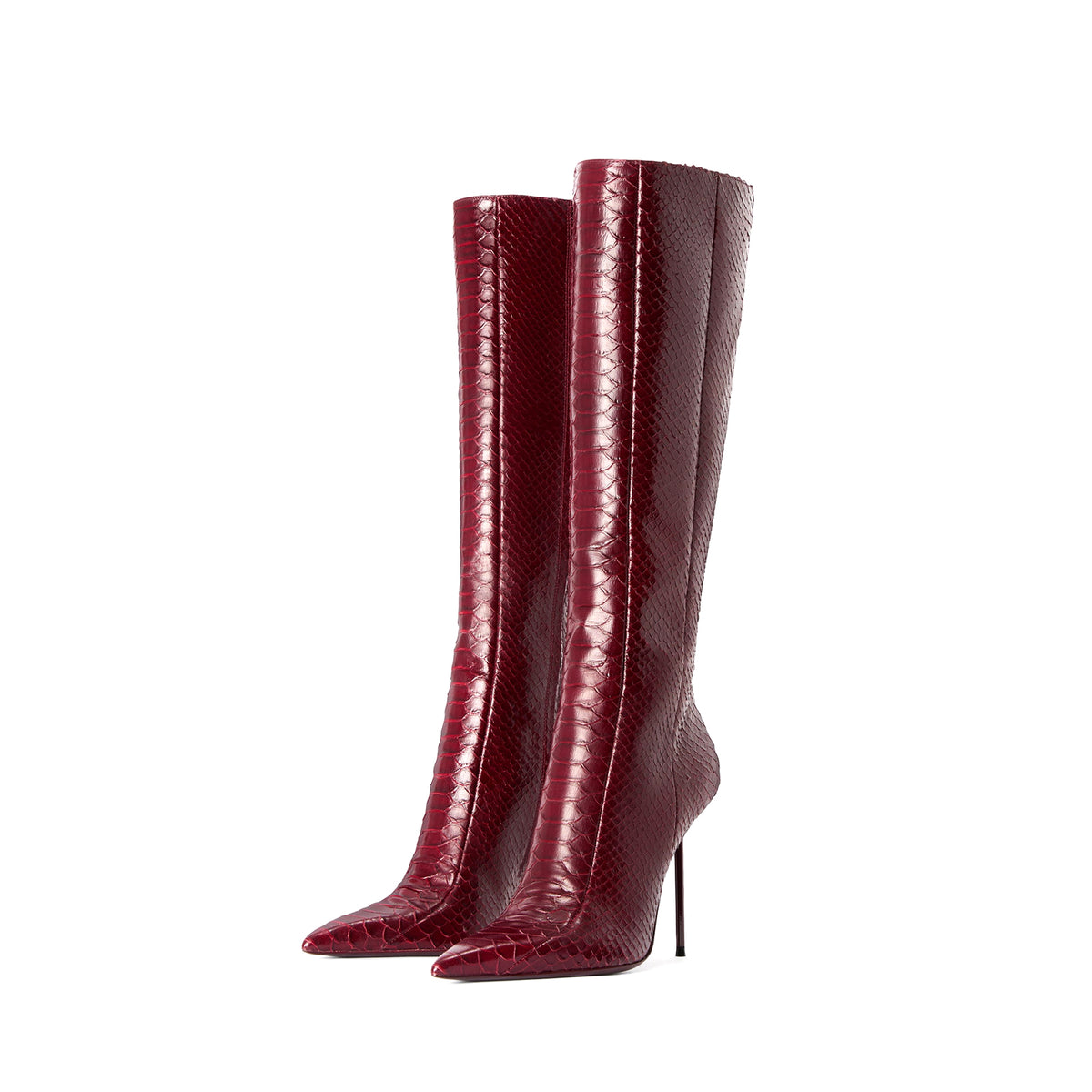 Red Snakeskin Pattern Chic Pointed-Toe Simple Full-Zip Knee High Stiletto Boots