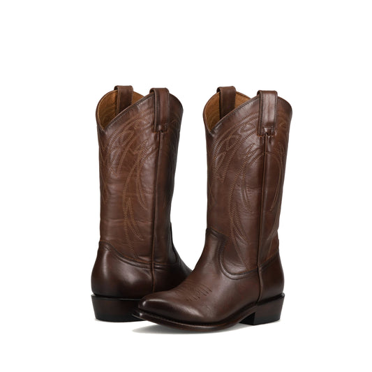 Dark Brown Almond-Toe Chic Embroidery Western Mid Calf Cowgirl Boots