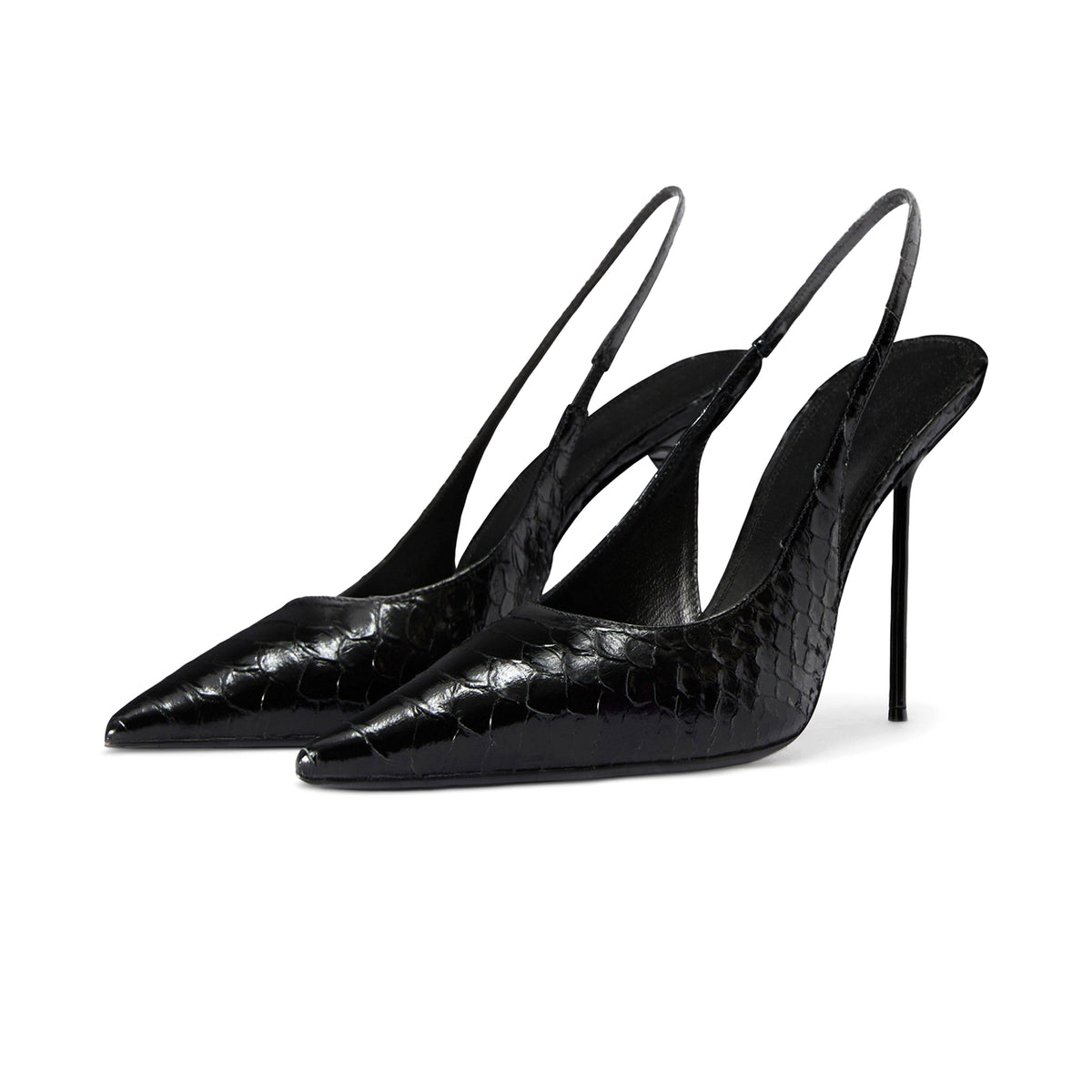 Black Snakeskin Pattern Pointed-Toe Slingback Pumps High Heels