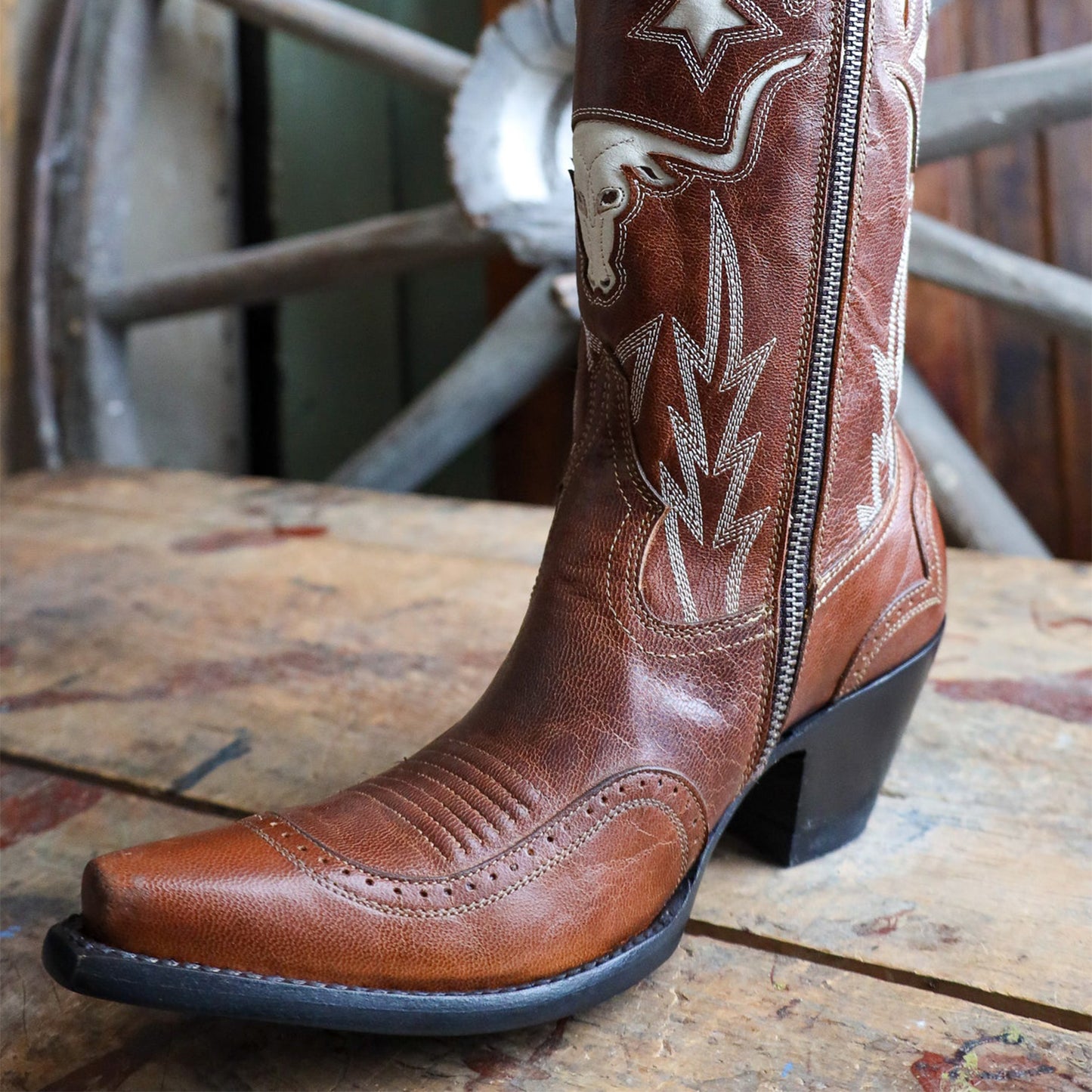 Mahogany Snip-Toe Tauren Moon Stars Inlay And Embroidery Full-Zip Mid Calf Cowgirl Boots