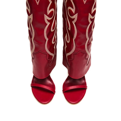Red Open Round-Toe Fold-Over Embroidery Wide Calf Knee High Stiletto Boots