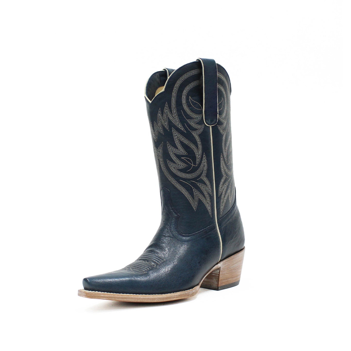 Dark Blue Snip-Toe Western Embroidery Mid Calf Cowgirl Boots