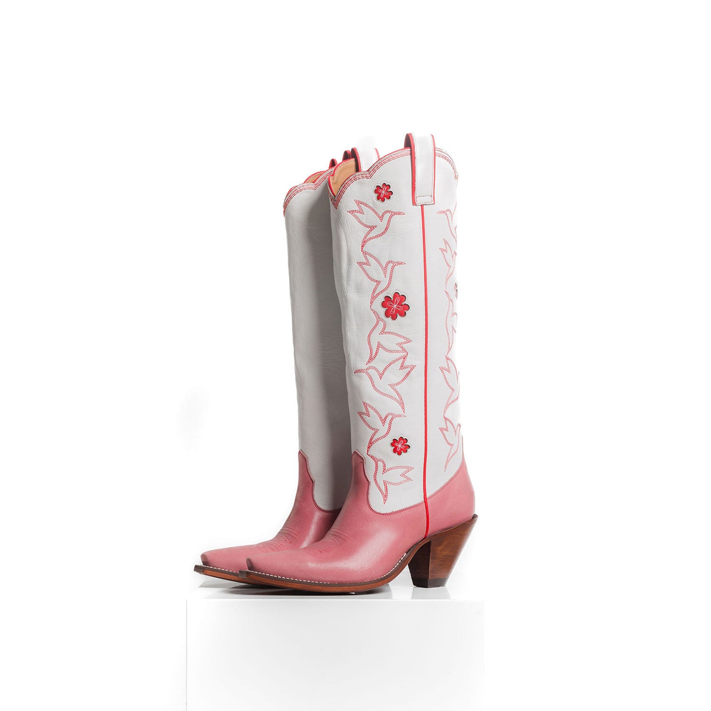 Contrast White And Pink Snip-Toe Birds Embroidery Flowers Inlay Wide Calf Knee High Cowgirl Boots