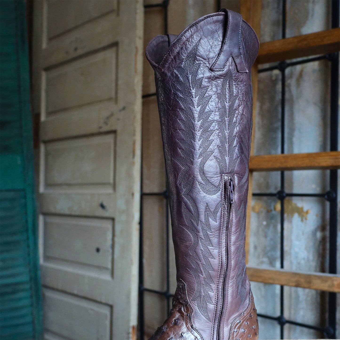 Chocolate Contrast Vegan Leather And Ostrich Print Snip-Toe Embroidery Half-Zip Knee High Cowgirl Boots