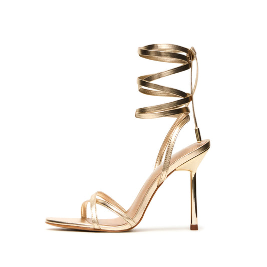 Metallic Champagne Round-Toe Ankle Strappy High Heels