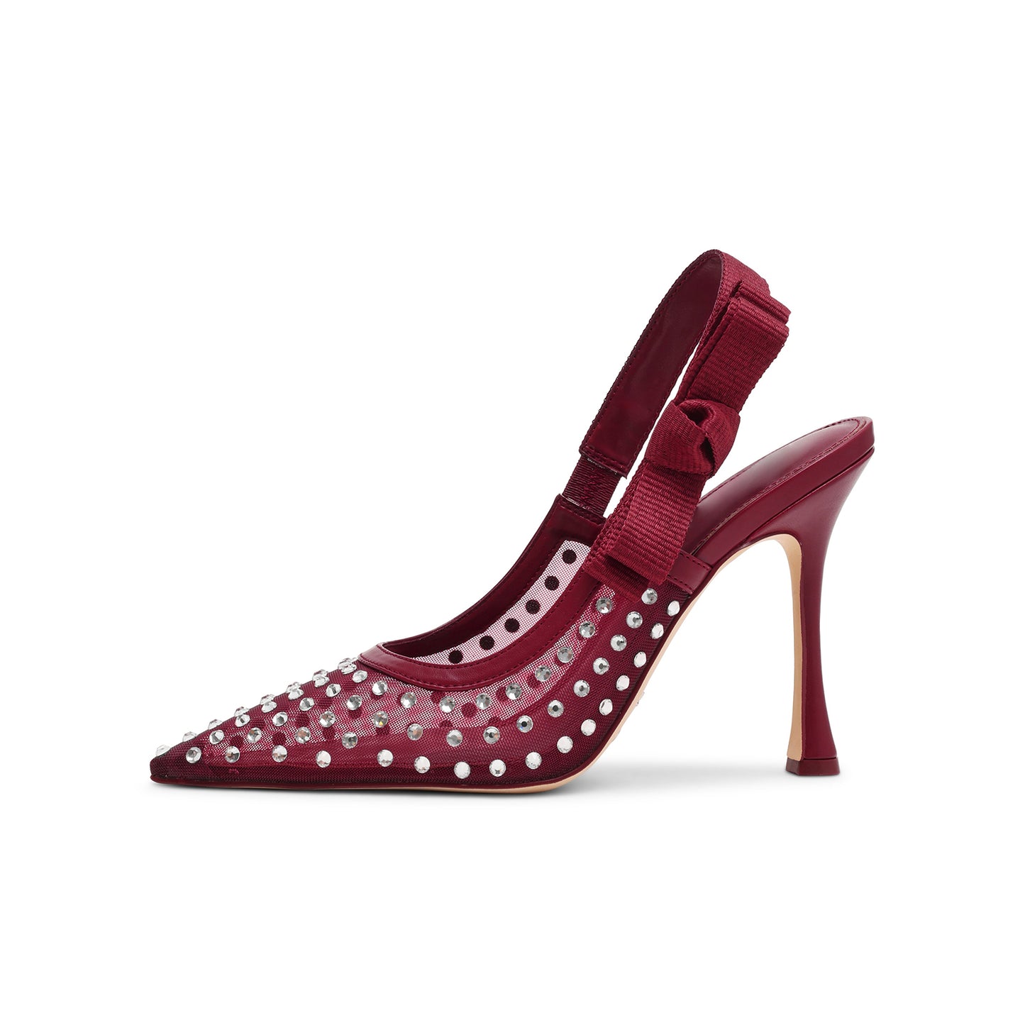 Red Mesh Rhinestones Pointed-Toe Slingback With Bow High Heels Pumps