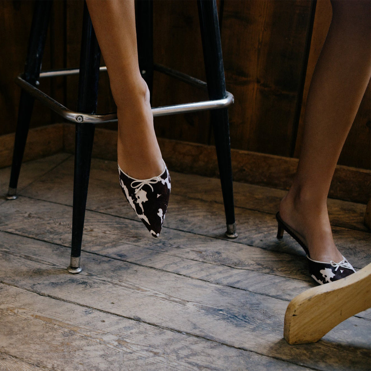 Cow Pattern Pony Hair Vegan Leather Pointed-Toe Front Bow Backless Kitten Heels