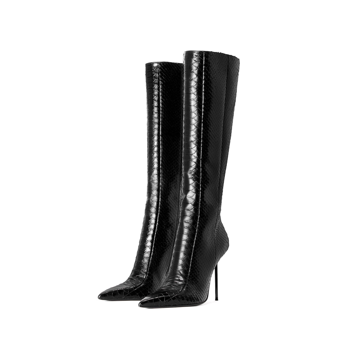 Black Snakeskin Pattern Chic Pointed-Toe Simple Full-Zip Knee High Stiletto Boots