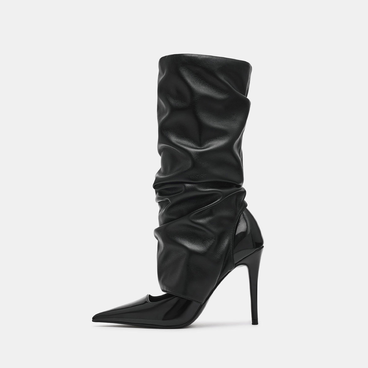 Black Vegan Leather Pointed-Toe Slip-On Mid Calf Stiletto Boots