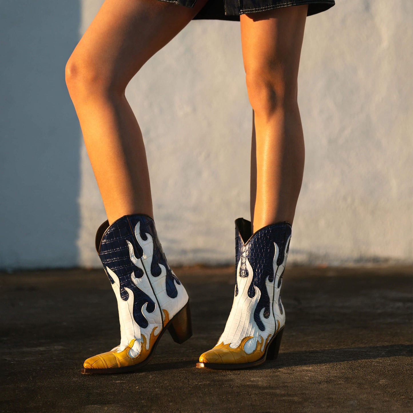 Contrast Tri-Colors Crocodile Print Pointed-Toe Flame Appliques Ankle Cowgirl Boots