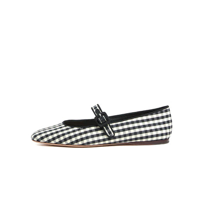 Gingham Satin Square-Toe Bridge Strap Ballet Flats