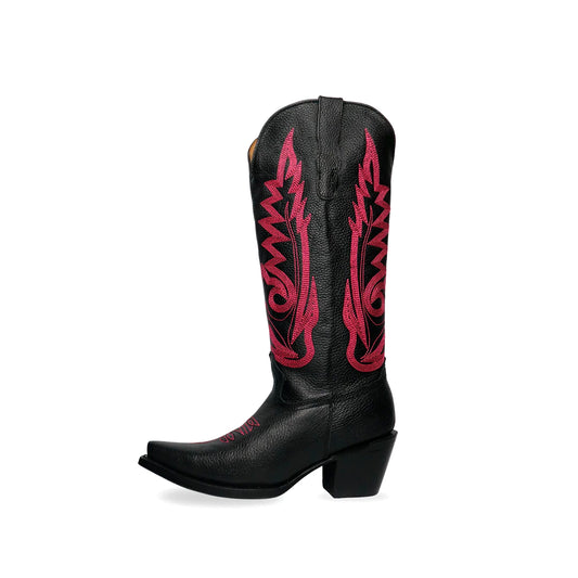 Black Snip-Toe Red Embroidery Mid Calf Cowgirl Boots