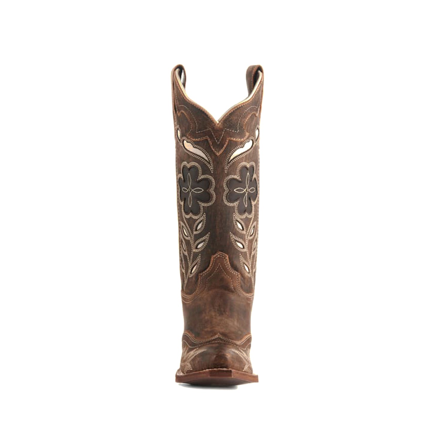 Distressed Brown Snip-Toe Flower Inlay Mid Calf Cowgirl Boots