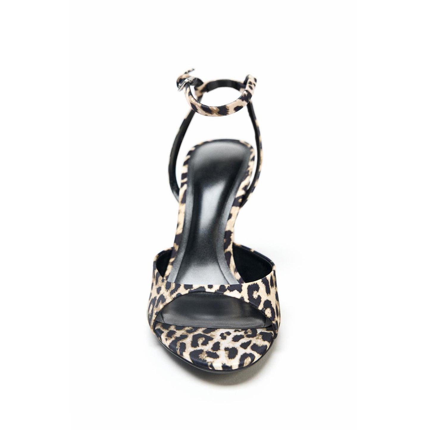 Leopard Satin Peep Round-Toe Slingback And Ankle Strap High Heels