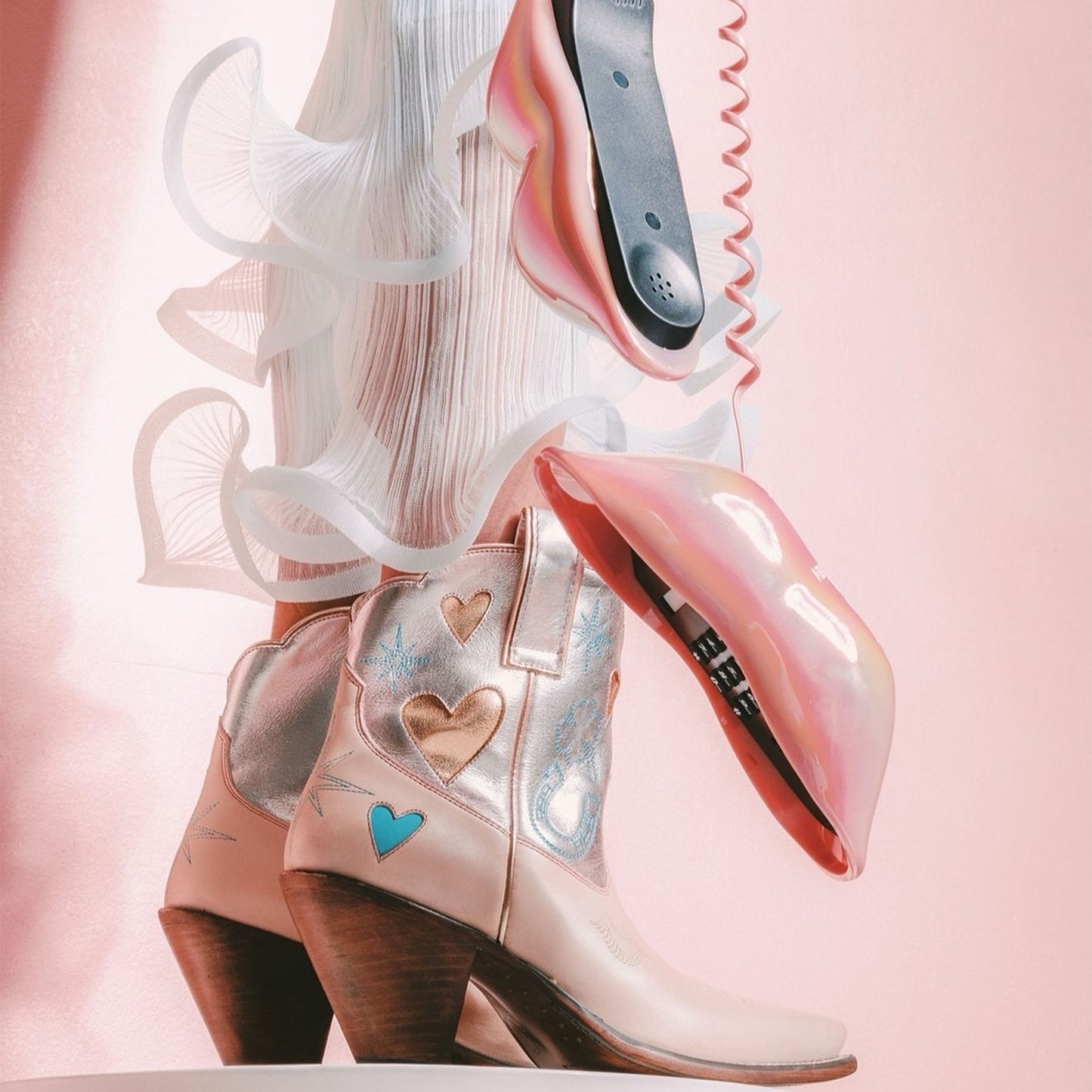 Contrast Silver and Pink Snip-Toe Embroidery Hearts Inlay Ankle Cowgirl Boots