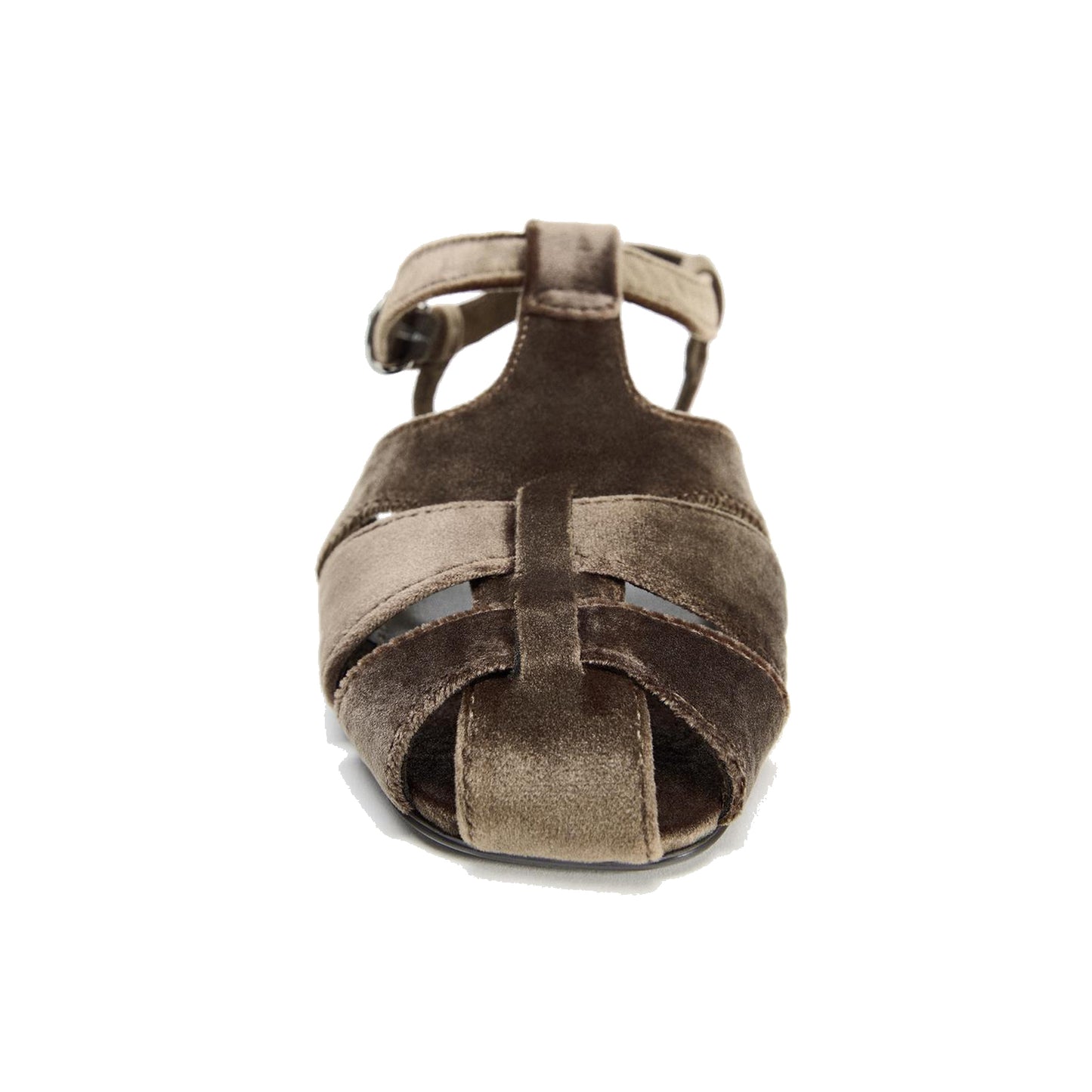Brown Velvet Square-Toe Caged Detail Buckle Strap Sandals Flats