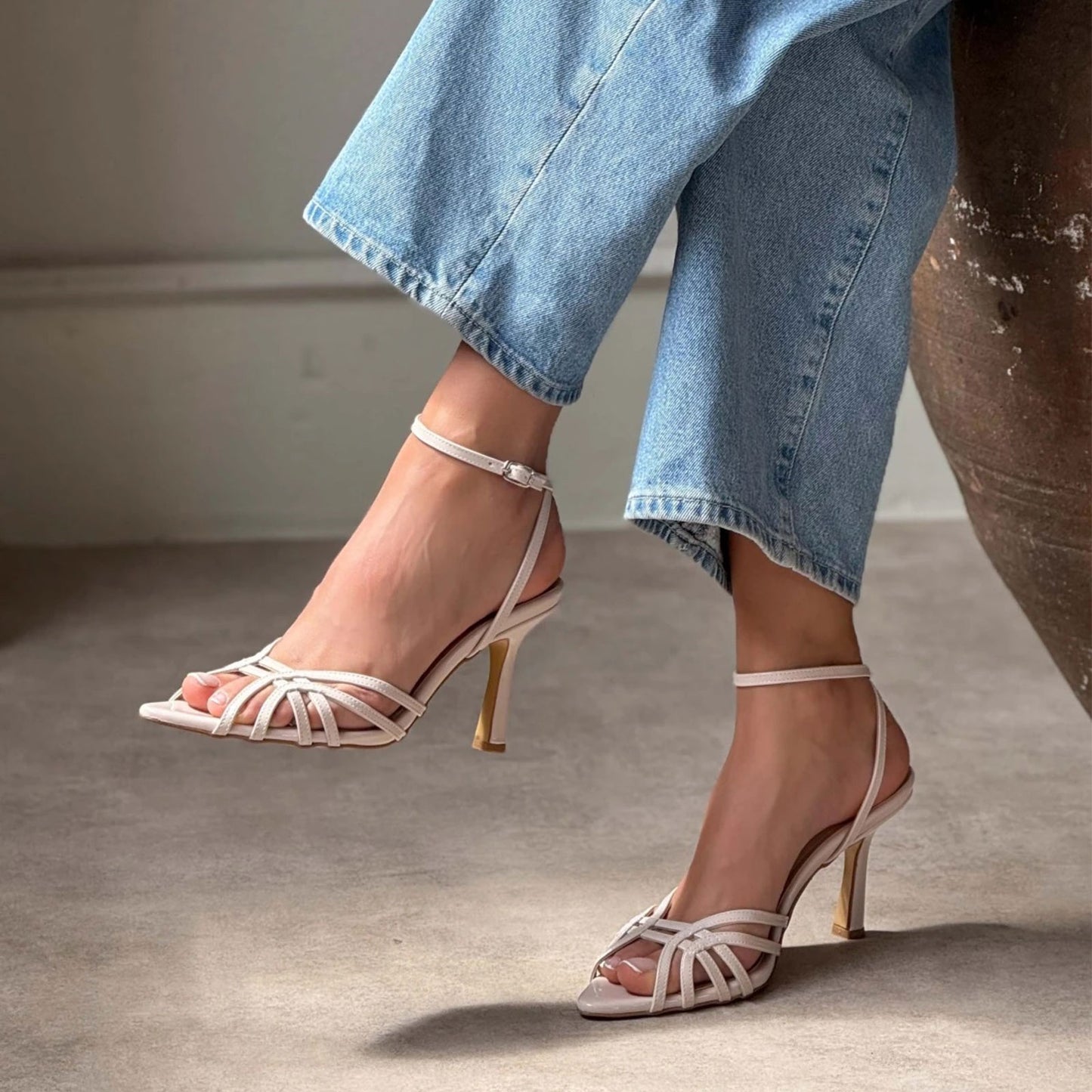 White Pointed-Toe Strappy Back And Ankle Strap High Heels