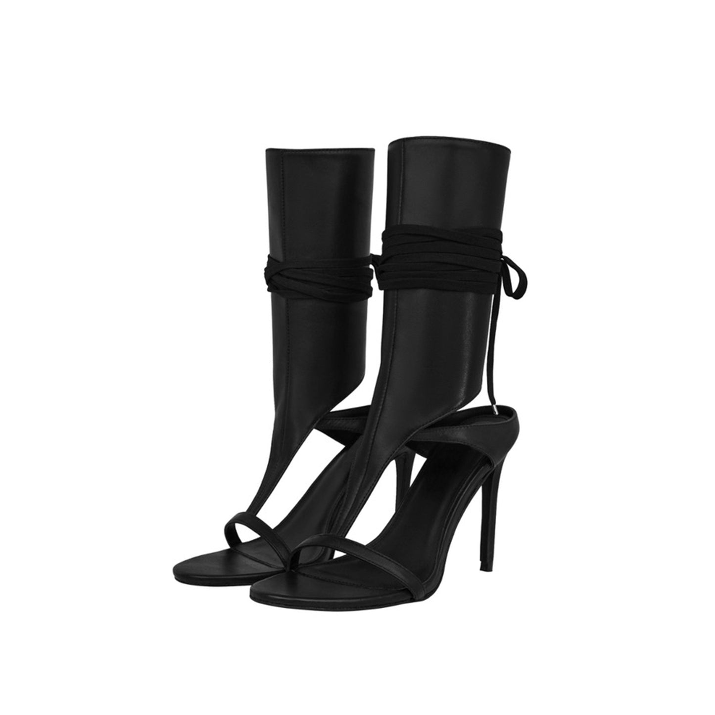 Black Open Round-Toe Back Lace-Up Shaft Stiletto High Heels