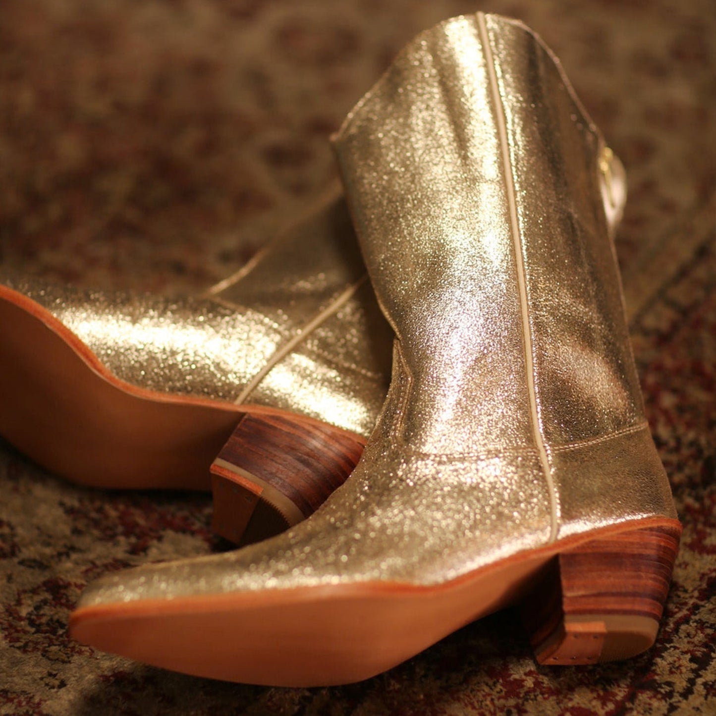 Metallic Gold Almond-Toe Simple Back Full-Zip Mid Calf Cowgirl Boots