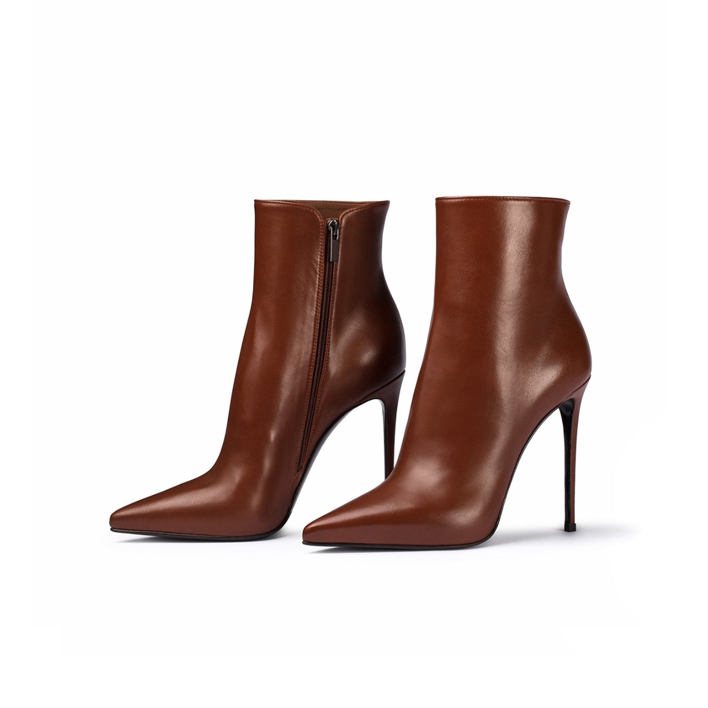 Coffee Pointed-Toe Simple Full-Zip Ankle Stiletto Boots