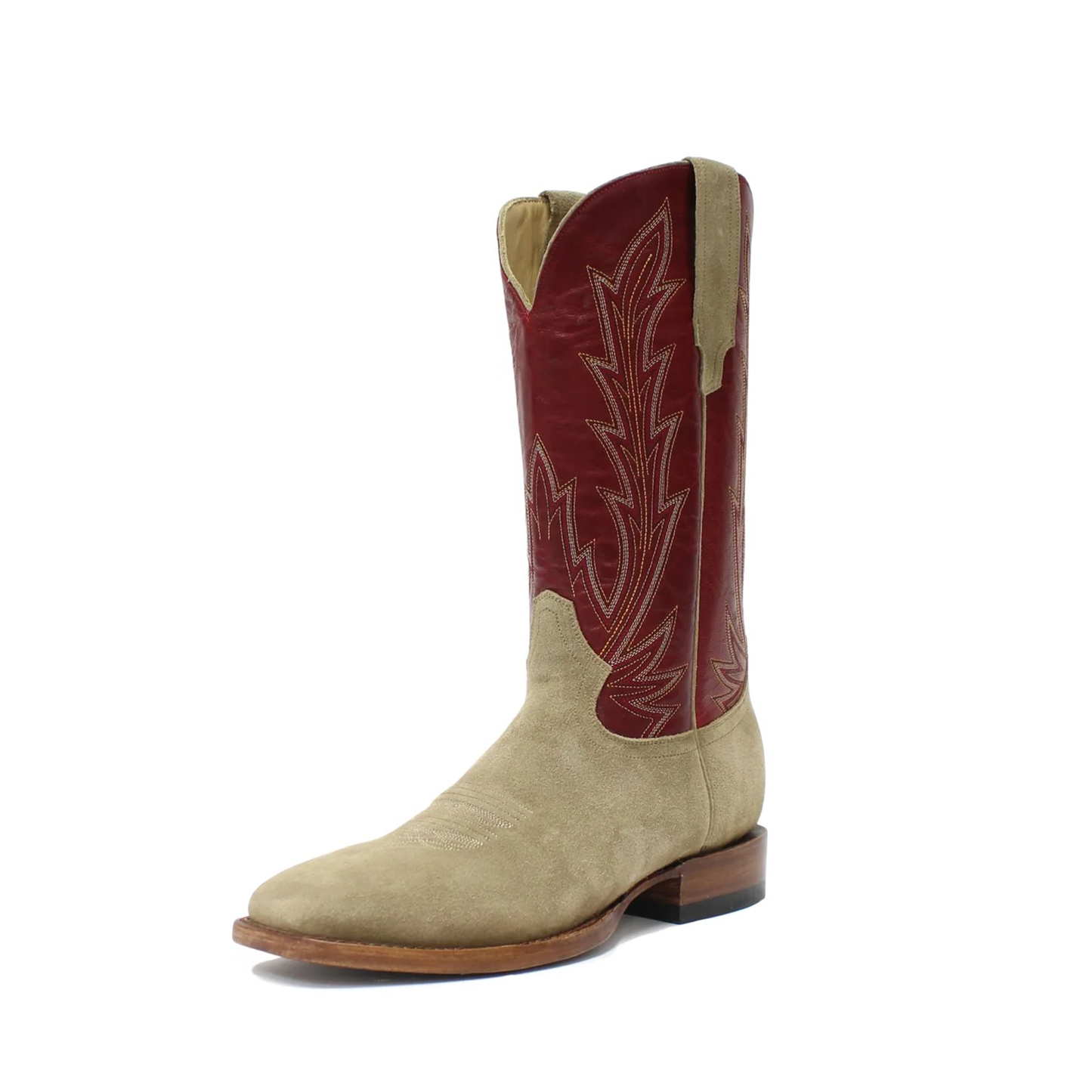 Contrast Red And Sand Square-Toe Embroidery Mid Calf Cowgirl Boots