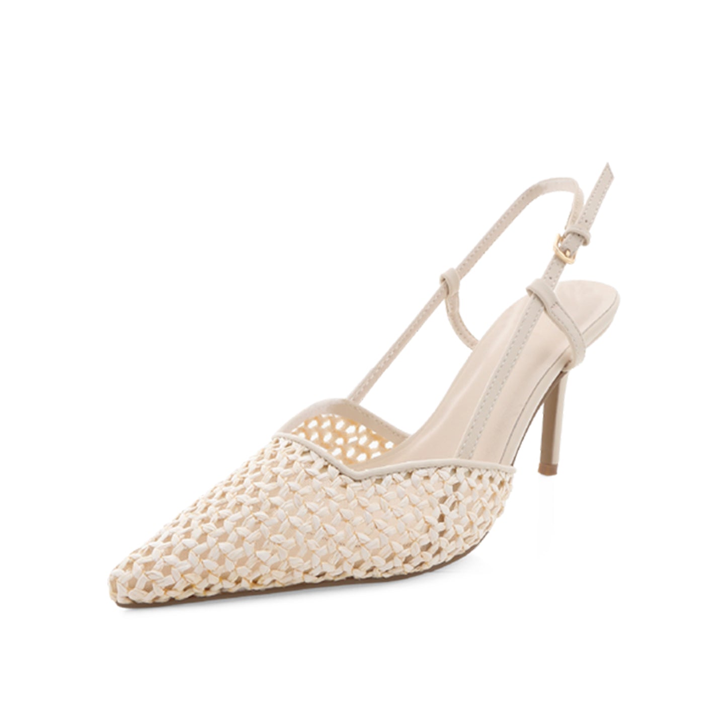 Cream Specially Woven Pointed-Toe Slingback High Heels