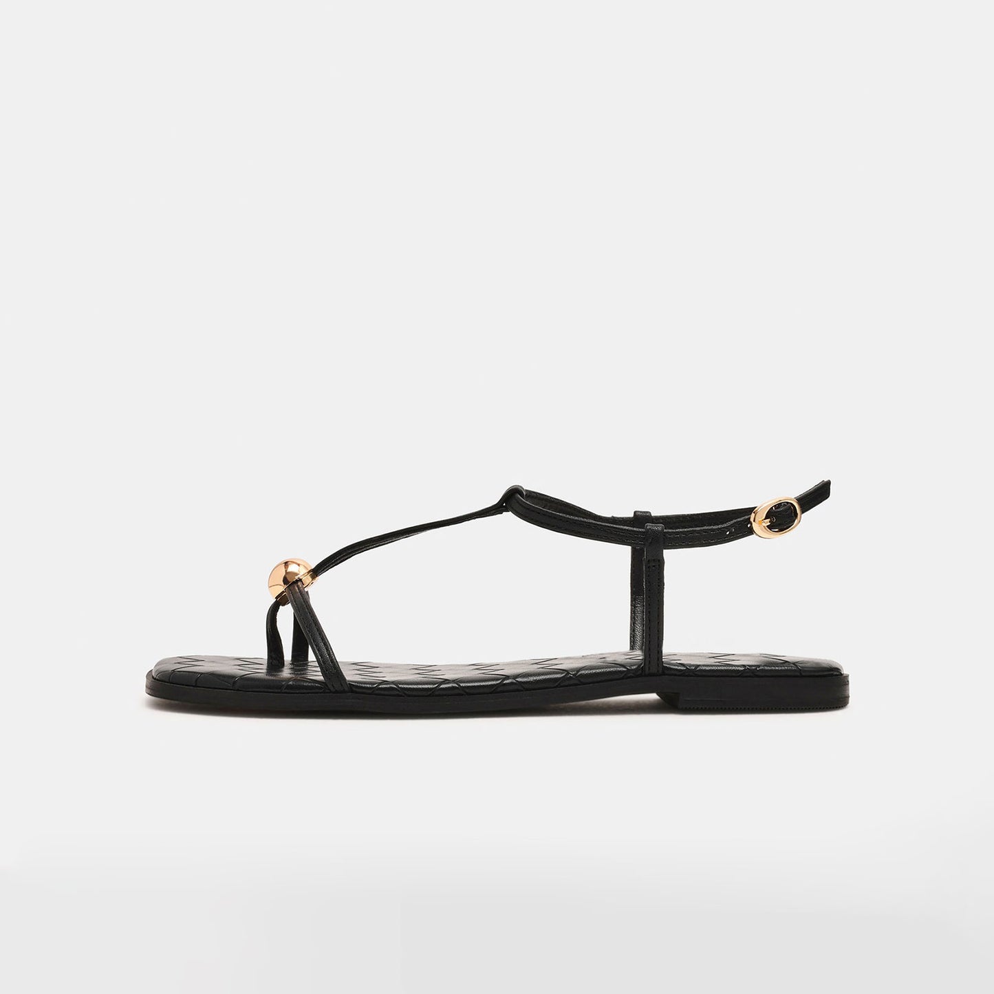 Classic Black Square-Toe Strappy Ankle Strap Sandals Flats
