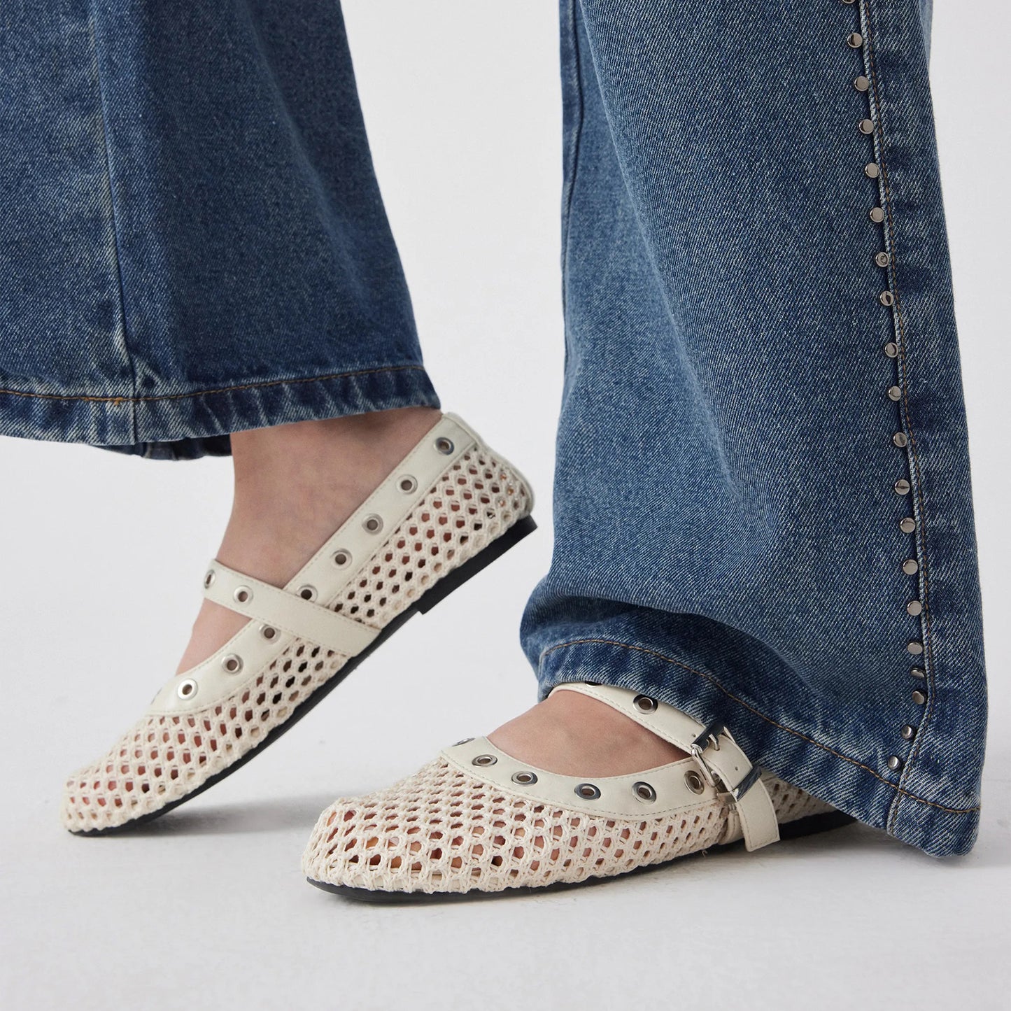 Cream Woven Mesh And Vegan Leather Round-Toe Eyelets Mary Jane Flats