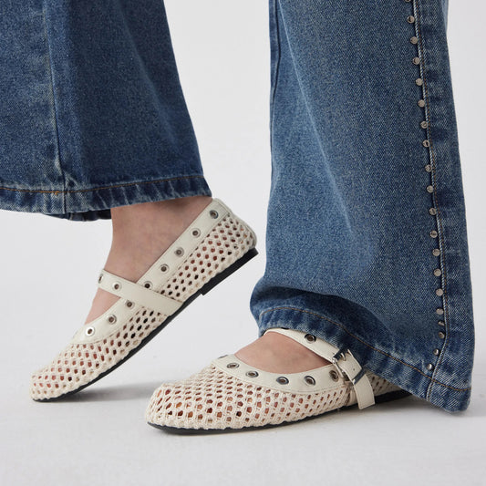 Cream Woven Mesh And Vegan Leather Round-Toe Eyelets Mary Jane Flats