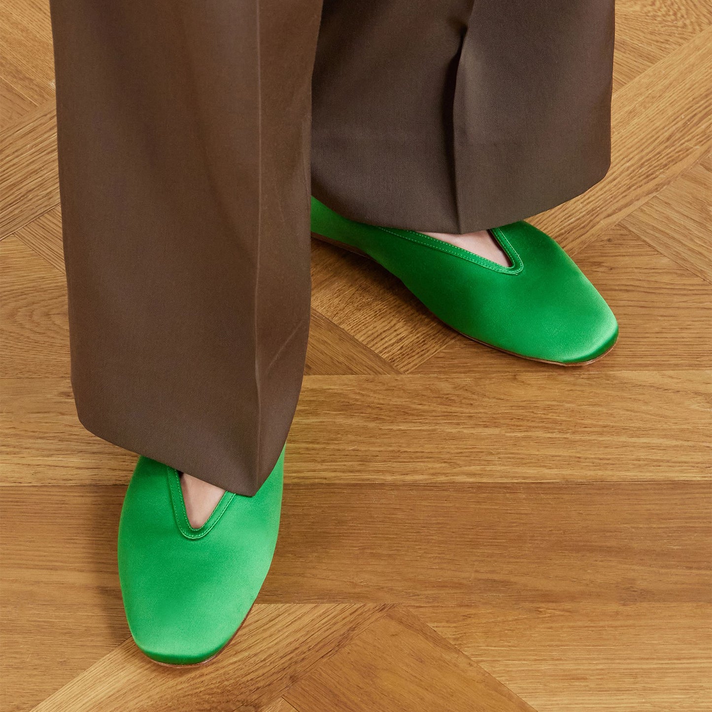 Green Satin Square-Toe Slip-On Chic Ballet Flats
