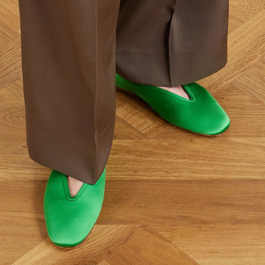 Green Satin Square-Toe Slip-On Chic Ballet Flats