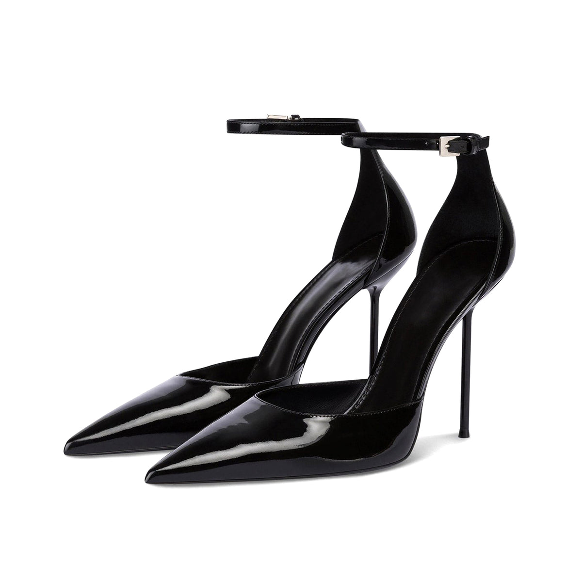 Patent Black Pointed-Toe Buckle Ankle Strap High Heels Pumps