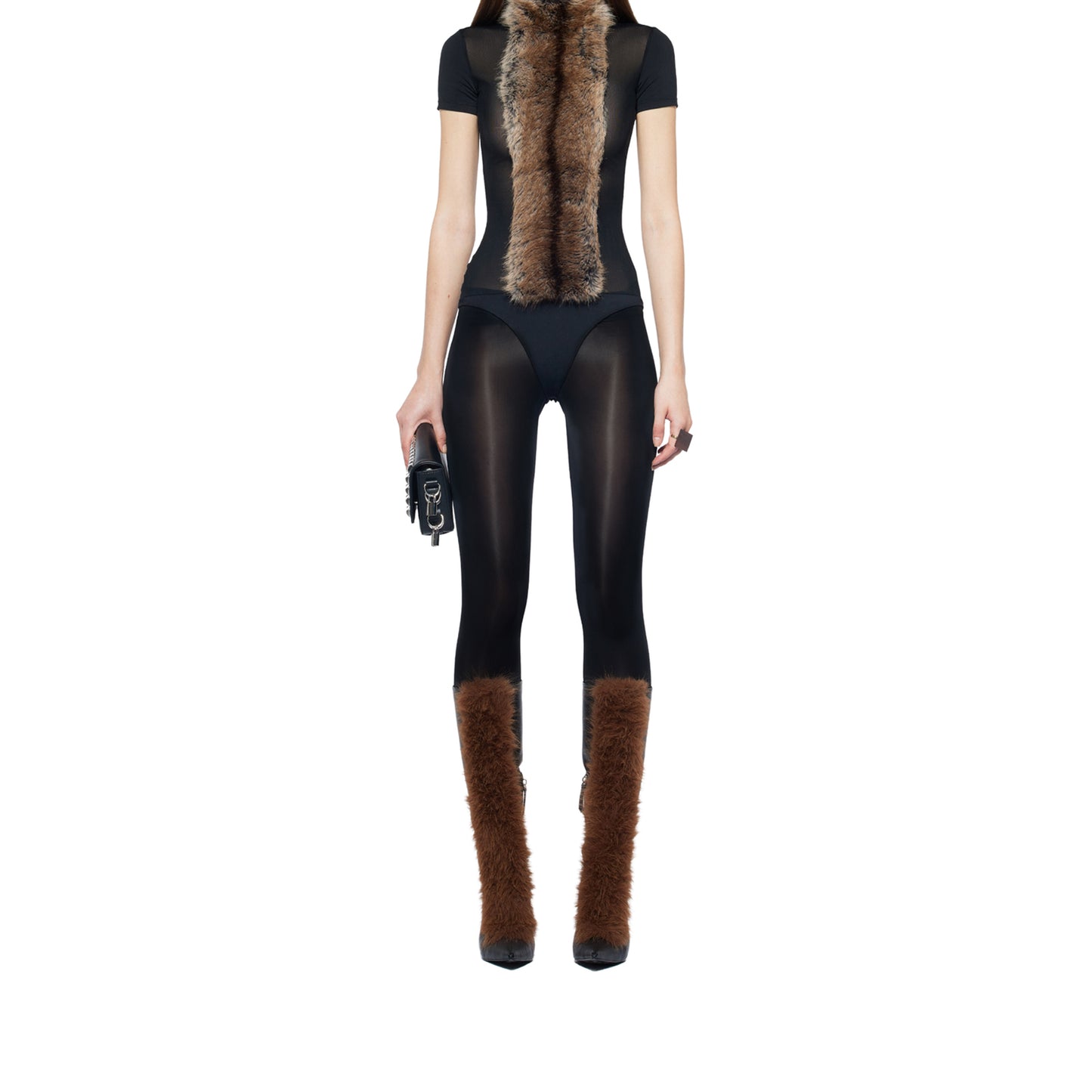 Black Pointed-Toe Brown Plush Full-Zip Mid Calf Stiletto Boots