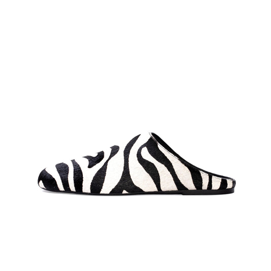 Zebra Print Pony Hair Round-Toe Slip-on Backless Ballet Flats