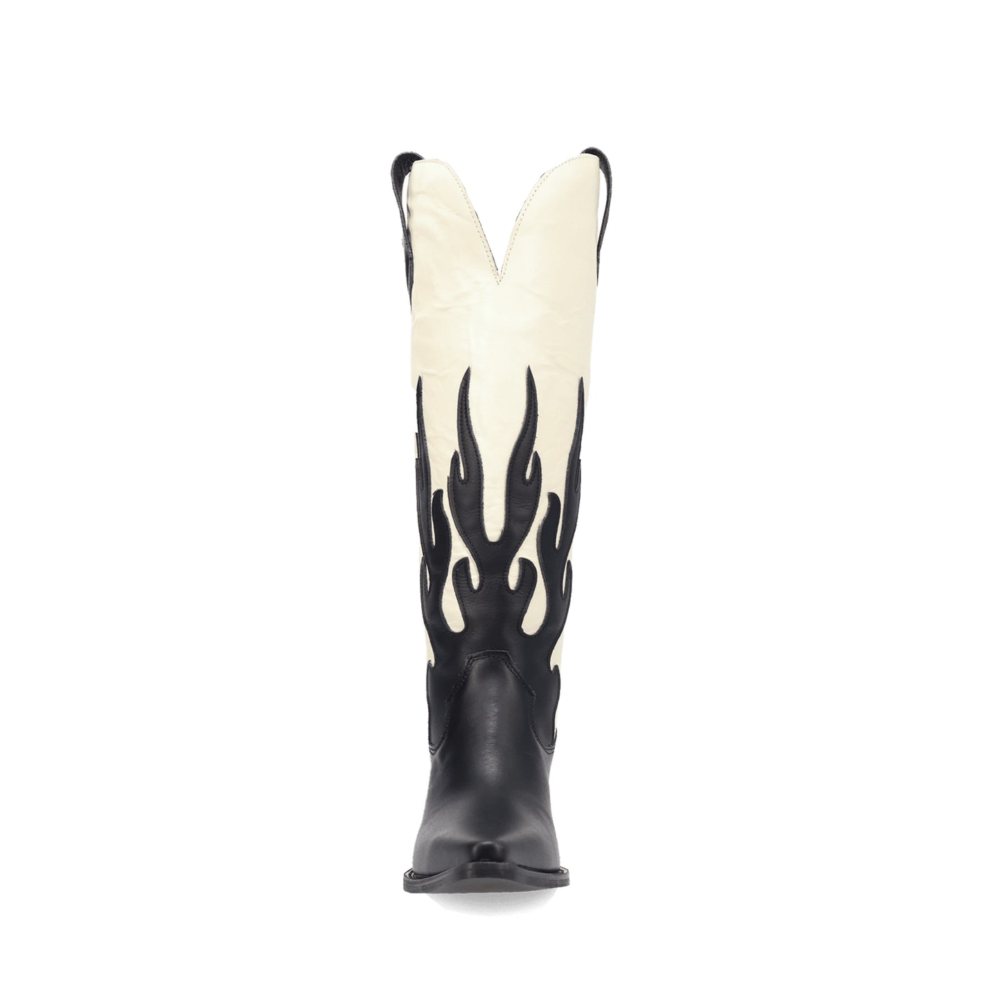 Contrast Black And Ivory Pointed-Toe Flame Appliques Wide Calf Knee High Cowgirl Boots