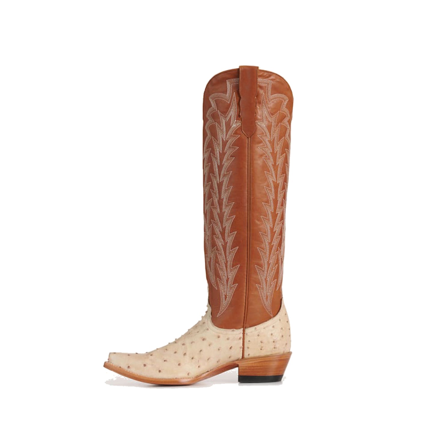 Contrast Brown And Bone Ostrich Print Snip-Toe Embroidery Classic Wide Calf Knee High Cowgirl Boots