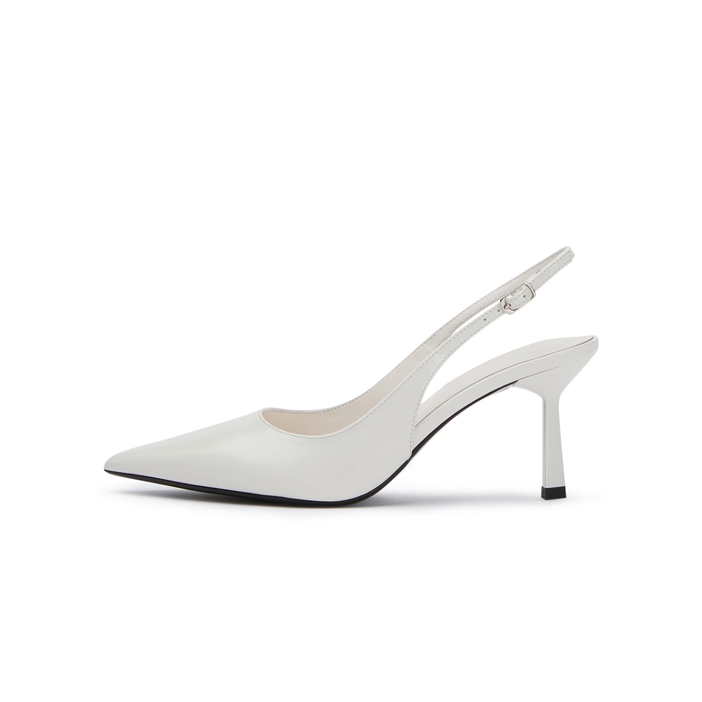 White Pointed-Toe Classic Buckle Slingback Kitten Heels