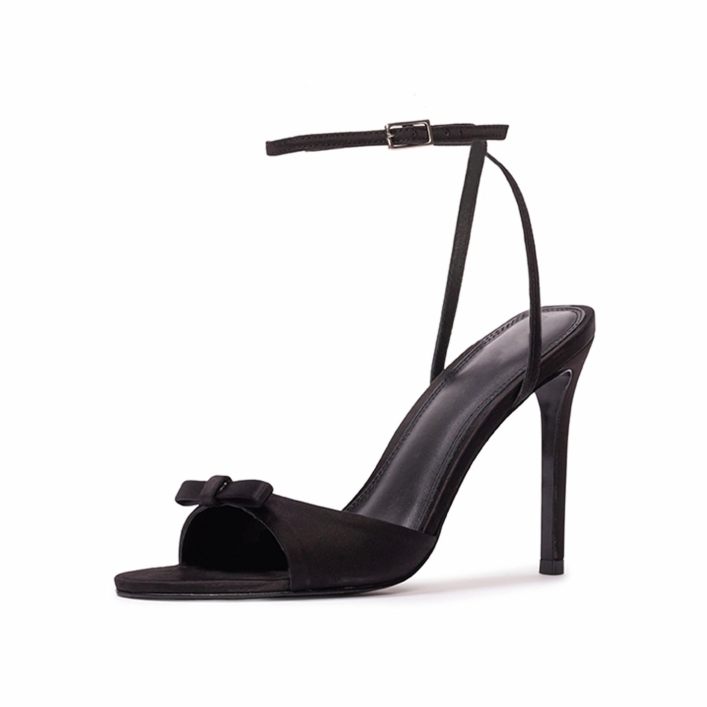 Black Satin Round-Toe Front Bow Ankle Strap High Stiletto Heels