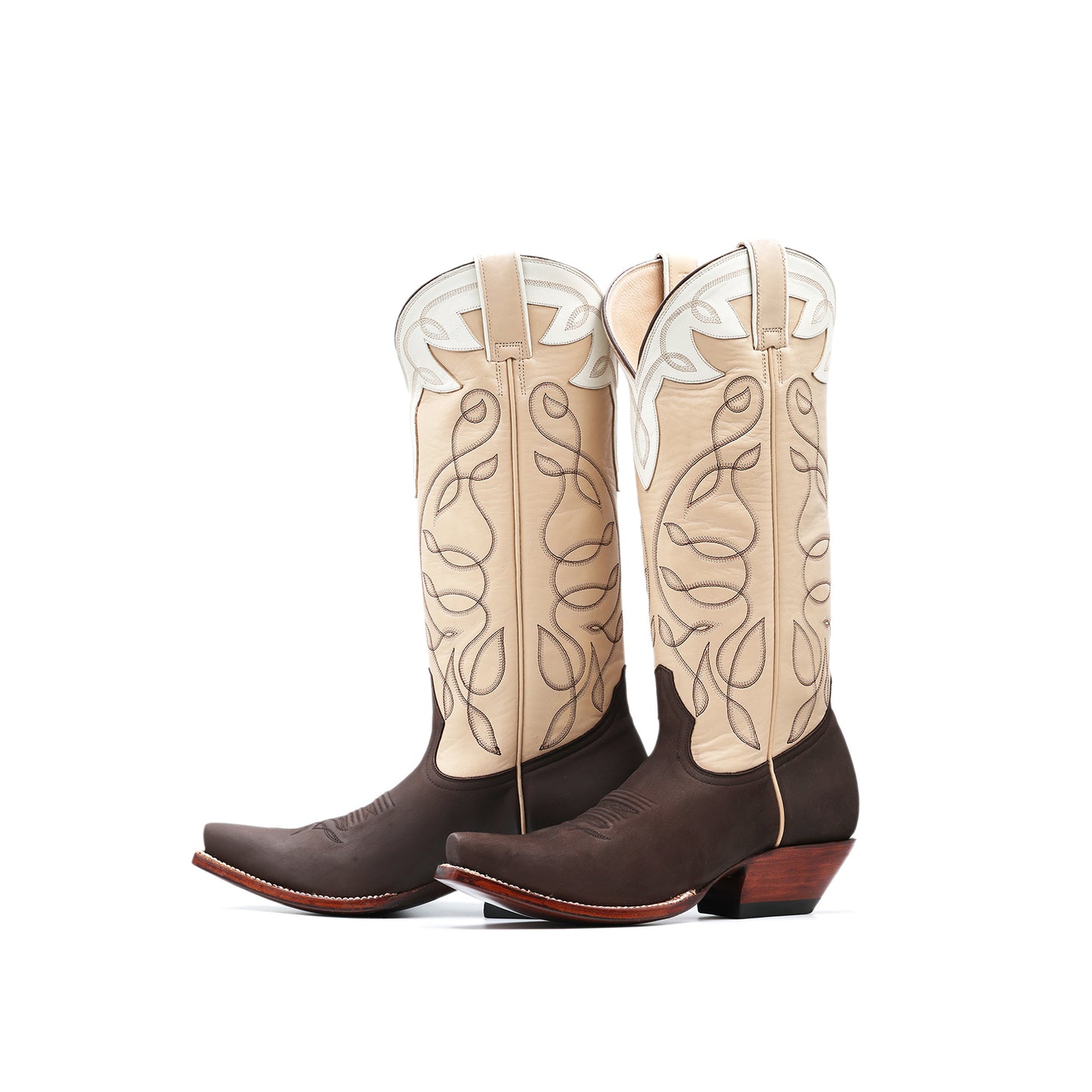 Contrast Beige And Chocolate Snip-Toe Embroidery Mid Calf Cowgirl Boots